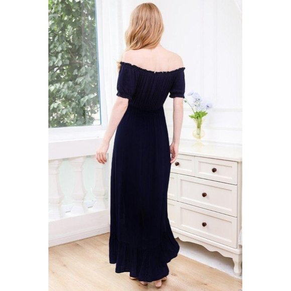 Off the Shoulder Button Down Navy Maxi Dress - Picture 3 of 3